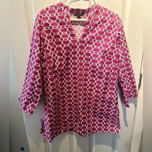Brooks Brothers Tunic Shirt XL Pink & White Cotton BLOUSE Easy Wear Coastal Top